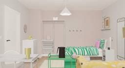 Pink, green, and yellow virtual dorm room design in IKEA Kreativ. The room includes a MALM bed, nightstand, dresser, desk, wardrobe, coffee table, and sofa.