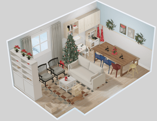 Dollhouse view of a virtual living space in IKEA Kreativ with areas for seating, dining, and playing. A Christmas tree sits next to the window.
