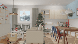 A virtual living space with IKEA holiday decor, featuring two armchairs, a sofa bed, a dining table with blue and red chairs, and a VINTERFINT Christmas tree by the window.
