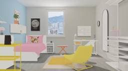 Blue, pink, yellow, and orange virtual dorm room design in IKEA Kreativ. The room includes a MALM bed, nightstand, dresser, desk, wardrobe, side table, and accent chair.