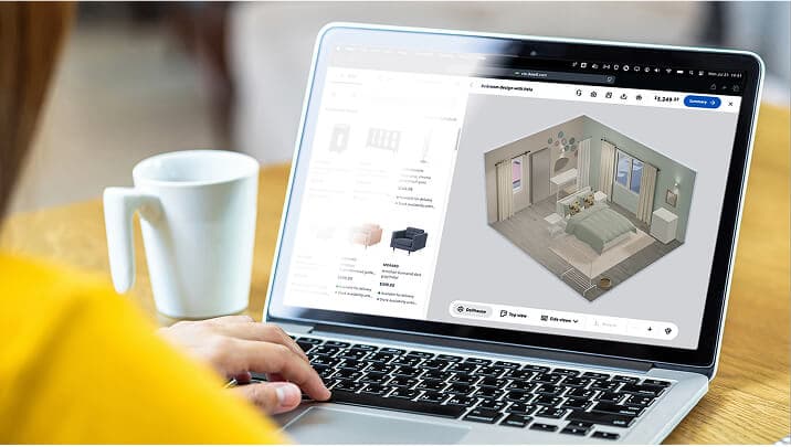 A hand holding a mobile device showing a scanned room with added IKEA dorm decor and furniture in IKEA Kreativ. The actual room is partially visible in the background.