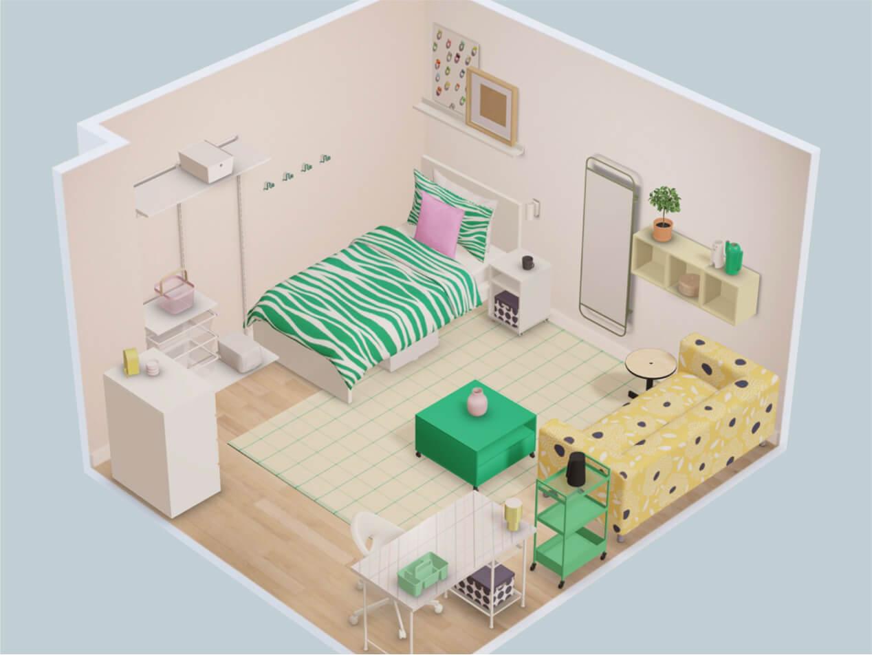 Dollhouse view of pink, green, and yellow virtual dorm room design in IKEA Kreativ. The room includes a MALM bed, nightstand, dresser, desk, wardrobe, coffee table, and sofa.