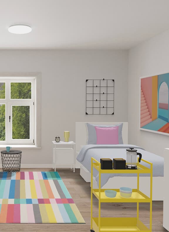 A virtual dorm room design in IKEA Kreativ with a MALM bed, small nightstand, colorful striped rug, and a yellow cart. Oversized artwork and a memoboard hang on the walls.