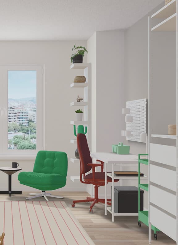 A virtual dorm room design in IKEA Kreativ with green side chair, red desk chair, white furniture, and a striped rug. A pegboard and shelving unit hang on the walls