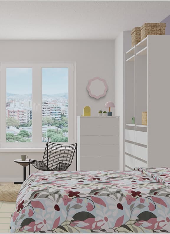 A virtual college room design in IKEA Kreativ with a black chair and side table next to a window. Minimal white dresser and wardrobe alongside a bed with a floral duvet cover.