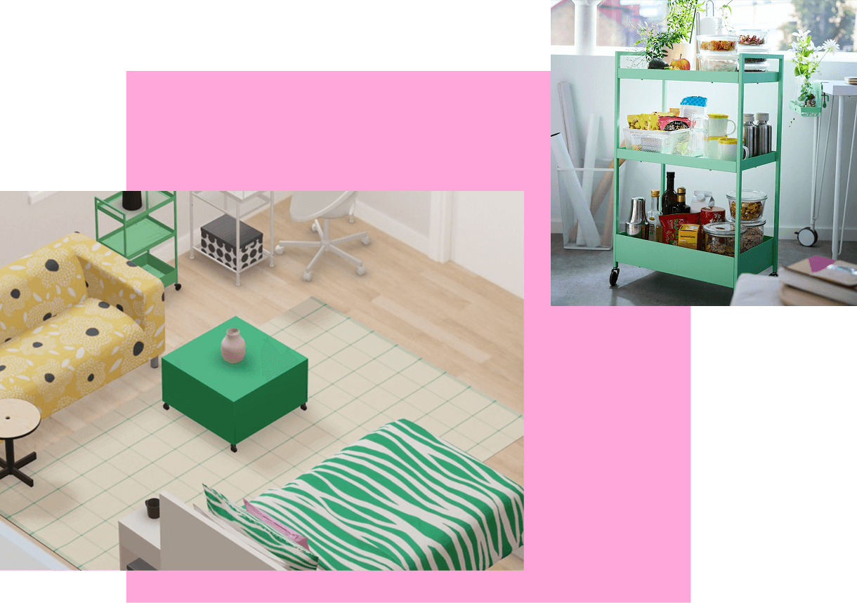 A virtual dorm room seating area in IKEA Kreativ with green movable furniture and brightly colored textiles. A green cart with casters is stocked with kitchen essentials. 