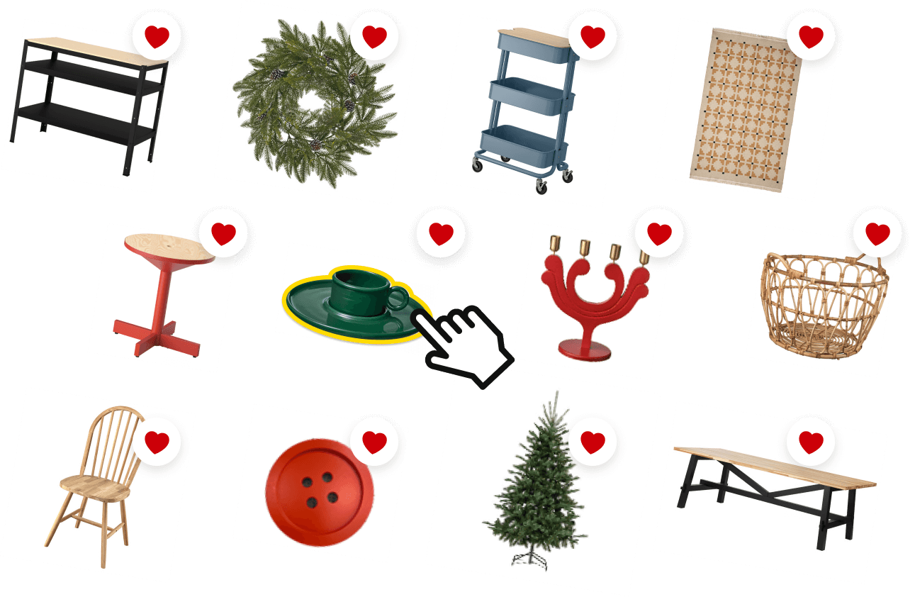 Festive and colorful IKEA holiday decor recommendations, including products such as a Christmas tree, dining chair, table, dishware, rug, and other holiday accessories.