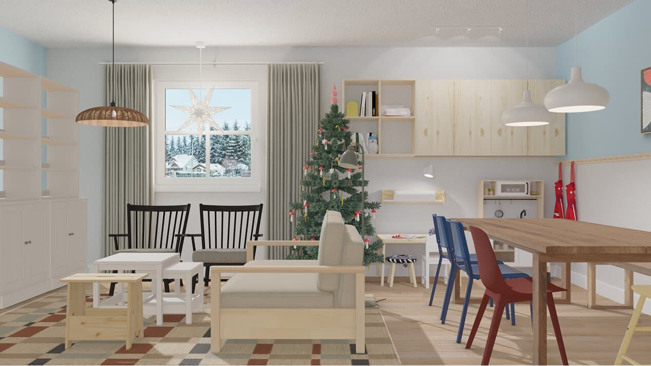 Virtual living space with IKEA holiday decor, featuring two armchairs, a sofa bed, a dining table with blue and red chairs, and a VINTERFINT Christmas tree by the window.