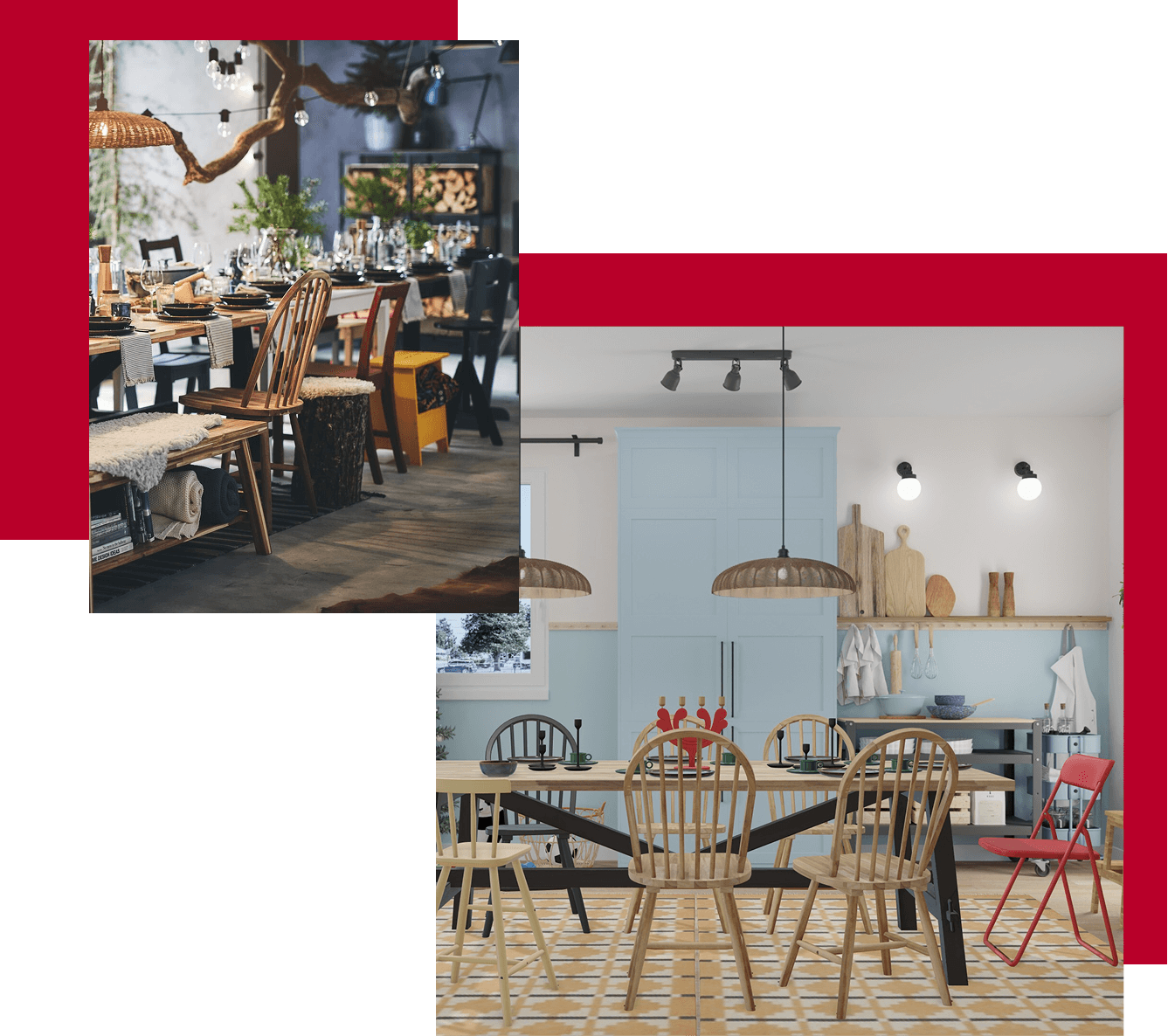 Holiday dining room with a table and mismatched chairs. Right: Virtual holiday dining room in IKEA Kreativ with a table, chairs, and a patterned rug, surrounded by blue kitchen cabinets.