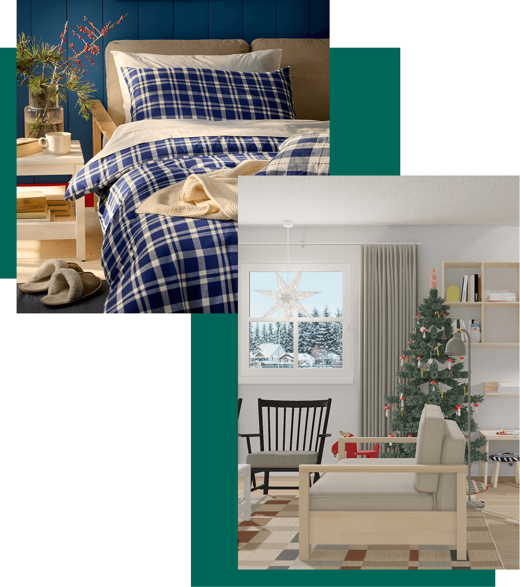 Sofa bed unfolded with blue and white checkered bedding. Right: Virtual holiday living room in IKEA Kreativ with a sofa bed and armchairs on a patterned rug, with a Christmas tree by the window.