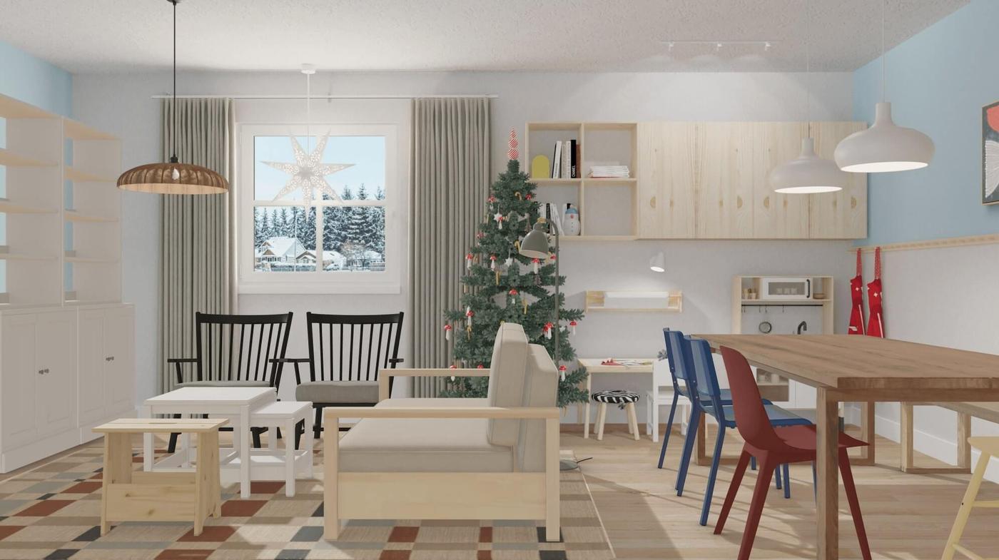 A modern living and dining area decorated with a Christmas tree, wooden furniture, and a large star ornament in the window. Snowy landscape visible outside.