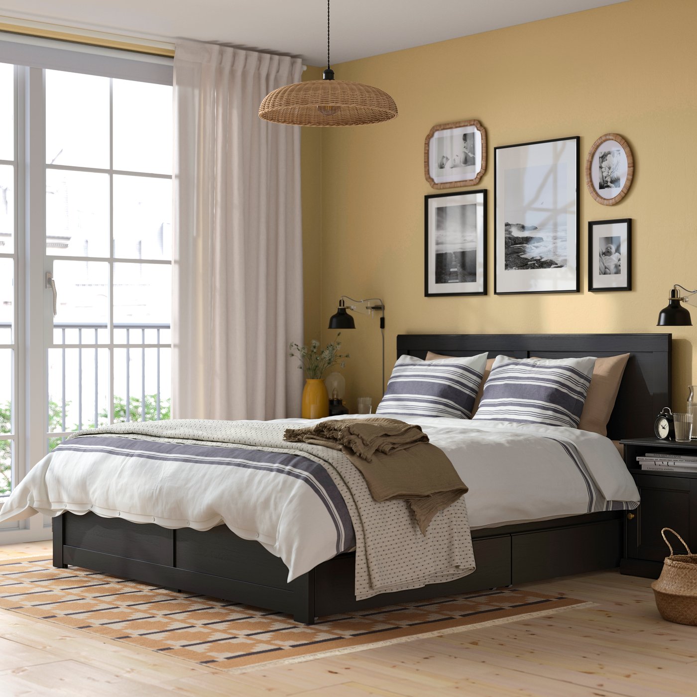 Ikea Fågelfjället Bed Frame With 4 Storage Boxes, Black Oak Effect, Queen