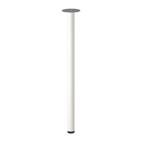 ADILS white table leg. Sleek, adjustable, cylindrical design with metal base and black foot tip.