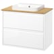 White modern bathroom cabinet with wooden countertop and sink.