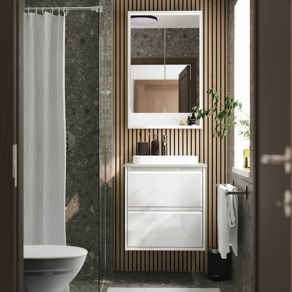 ÄNGSJÖN / BACKSJÖN Bathroom vanity w/ drawers and sink, high gloss white/gray stone effect, 25x21 1/2x28 1/4 "