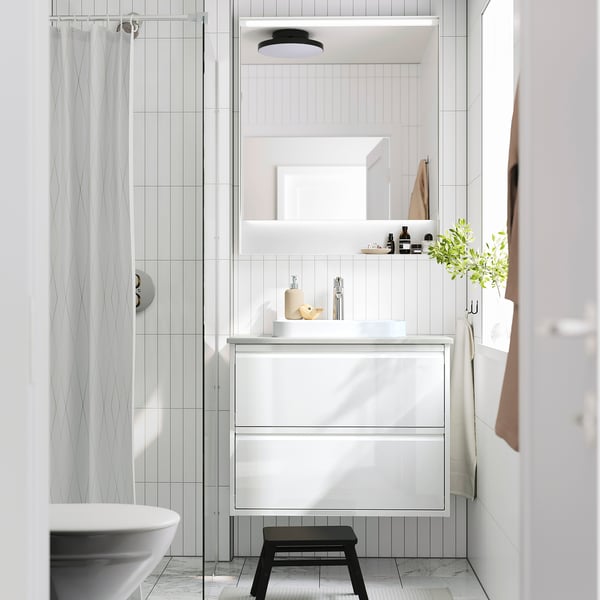 ÄNGSJÖN / BACKSJÖN Bathroom vanity w/ drawers and sink, high gloss white/gray stone effect, 31x21 1/2x28 1/4 "