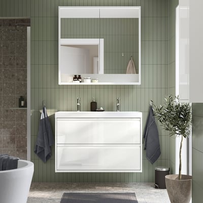ÄNGSJÖN / BACKSJÖN Bathroom vanity w/ drawers and sink, high gloss white, 36 1/8x21x27 1/2 "