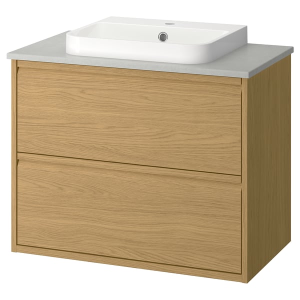 ÄNGSJÖN / BACKSJÖN Bathroom vanity w/ drawers and sink, oak effect/gray stone effect, 31x21 1/2x28 1/4 "