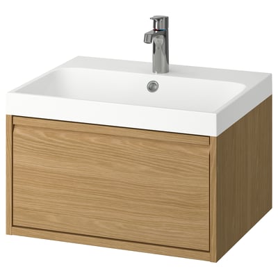 ÄNGSJÖN / BACKSJÖN Bathroom vanity with drawer, oak effect, 24 1/8x21x15 1/2 "