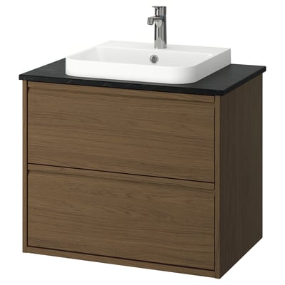 ÄNGSJÖN / BACKSJÖN Bathroom vanity with sink & faucet, brown oak effect/black marble effect, 31x21 1/2x28 1/4 "
