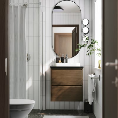 ÄNGSJÖN / BACKSJÖN Bathroom vanity with sink & faucet, brown oak effect/black marble effect, 25x21 1/2x28 1/4 "