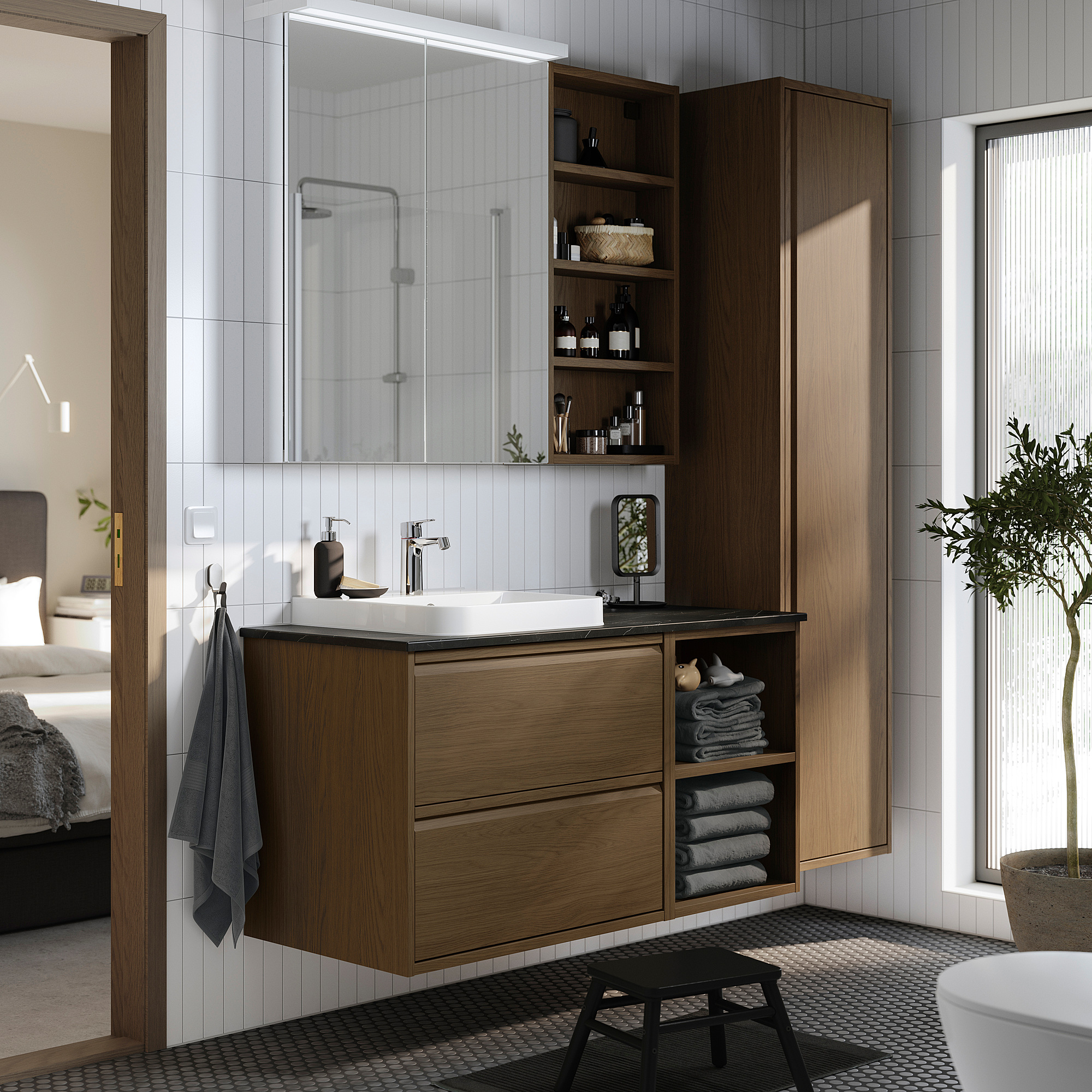 ÄNGSJÖN / BACKSJÖN Bathroom vanity with sink & faucet, brown oak effect/black marble effect, 49x21 1/2x28 1/4 "