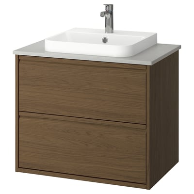 ÄNGSJÖN / BACKSJÖN Bathroom vanity with sink & faucet, brown oak effect/gray stone effect, 31x21 1/2x28 1/4 "