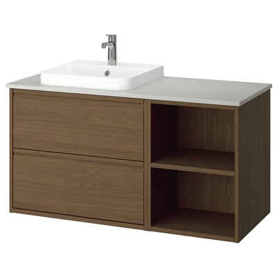 ÄNGSJÖN / BACKSJÖN Bathroom vanity with sink & faucet, brown oak effect/gray stone effect, 49x21 1/2x28 1/4 "
