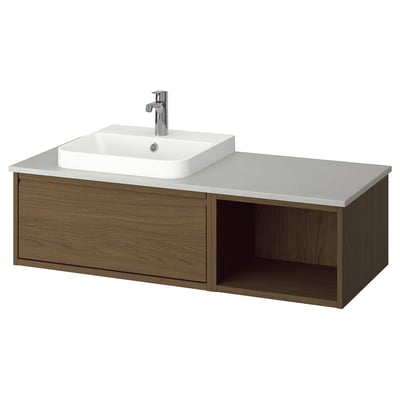 ÄNGSJÖN / BACKSJÖN Bathroom vanity with sink & faucet, brown oak effect/gray stone effect, 49x21 1/2x16 1/4 "