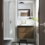 ÄNGSJÖN / BACKSJÖN Bathroom vanity with sink & faucet, brown oak effect/gray stone effect, 31x21 1/2x28 1/4 "