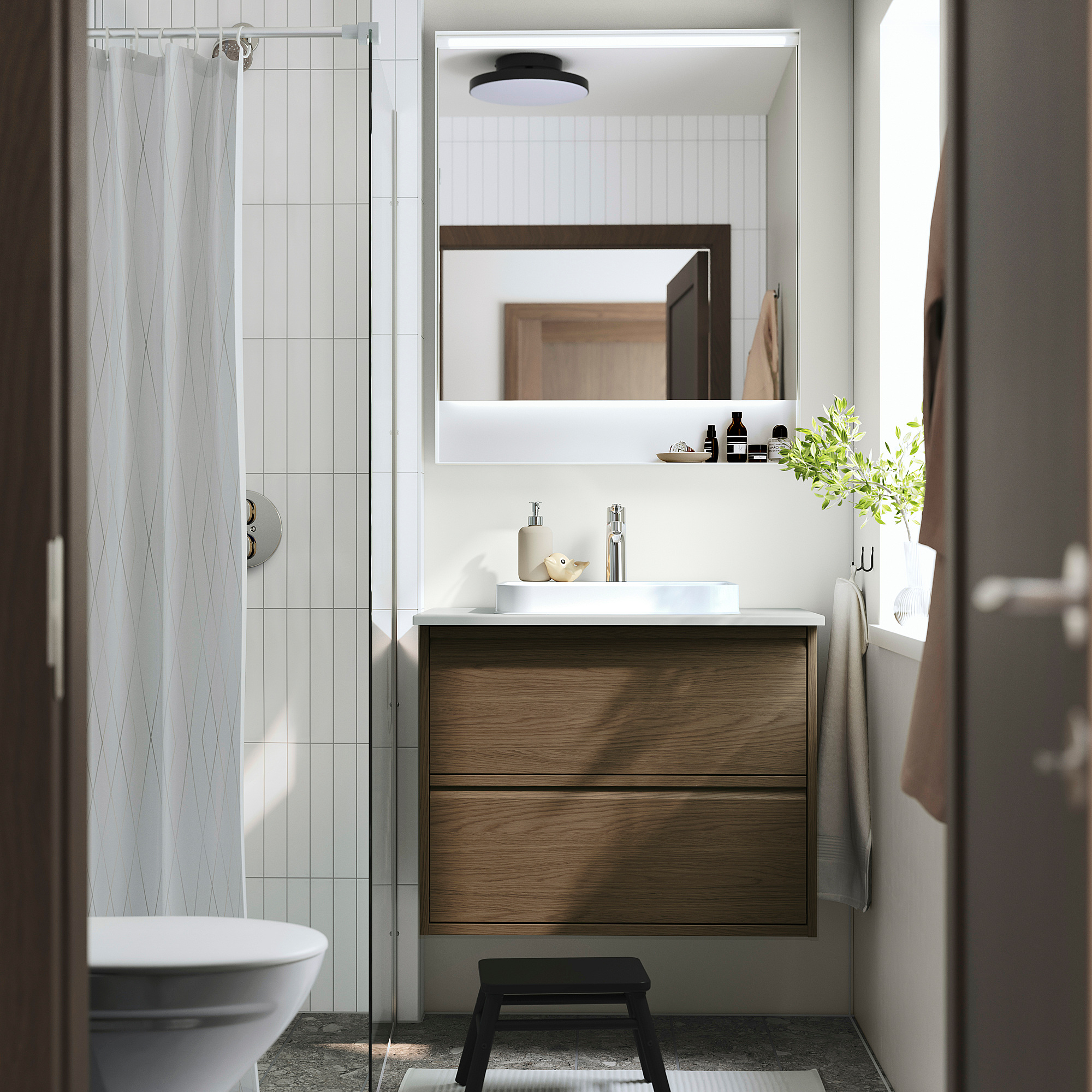 ÄNGSJÖN / BACKSJÖN Bathroom vanity with sink & faucet, brown oak effect/gray stone effect, 31x21 1/2x28 1/4 "