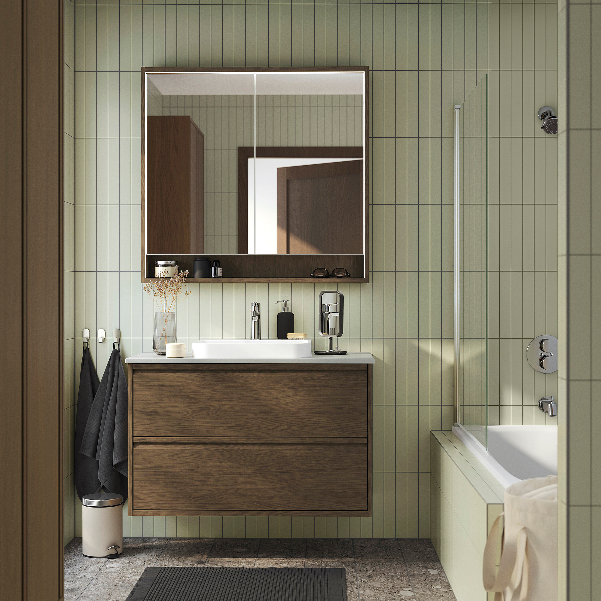 ÄNGSJÖN / BACKSJÖN Bathroom vanity with sink & faucet, brown oak effect/gray stone effect, 37x21 1/2x28 1/4 "