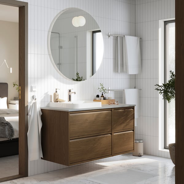 ÄNGSJÖN / BACKSJÖN Bathroom vanity with sink & faucet, brown oak effect/gray stone effect, 49x21 1/2x28 1/4 "