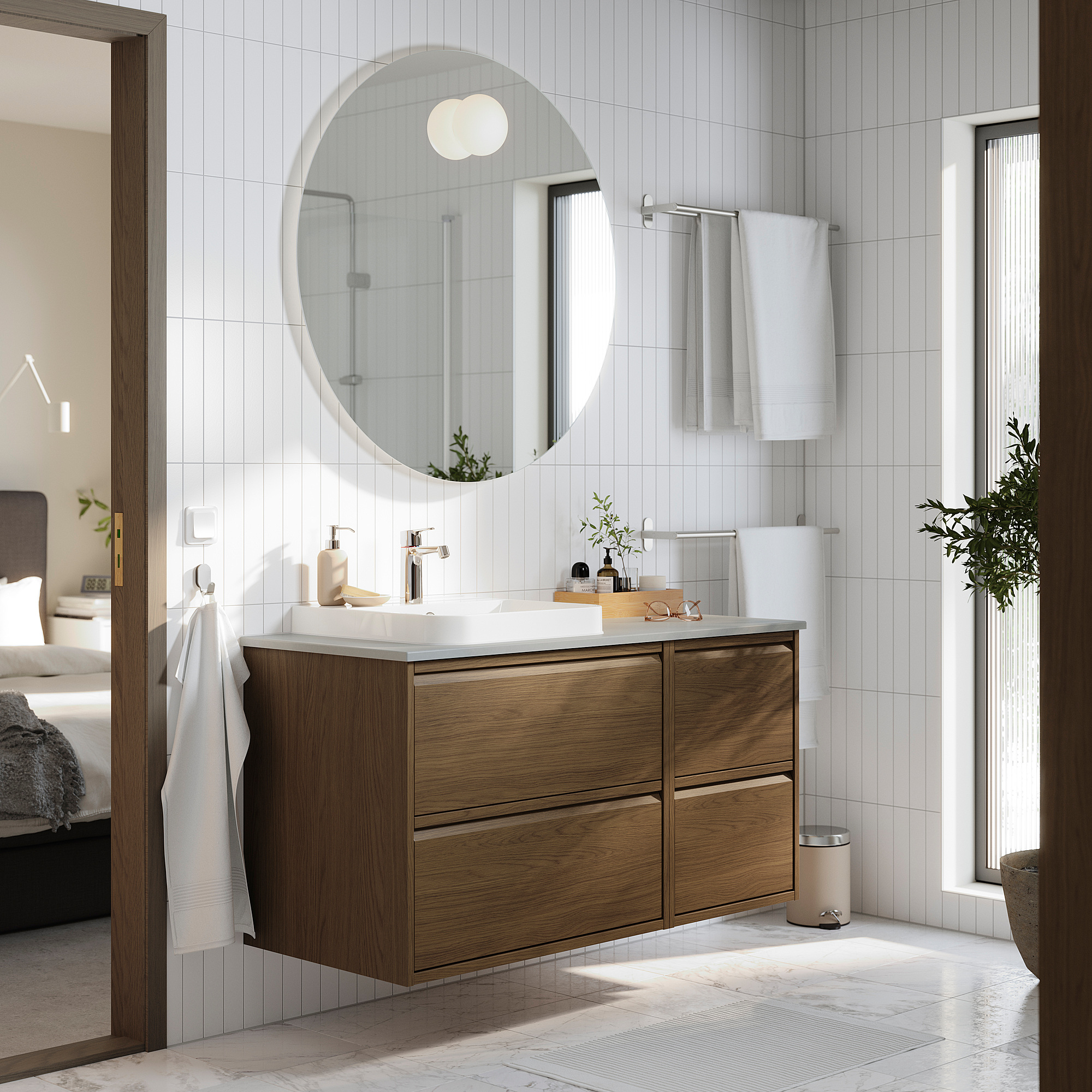 ÄNGSJÖN / BACKSJÖN Bathroom vanity with sink & faucet, brown oak effect/gray stone effect, 49x21 1/2x28 1/4 "