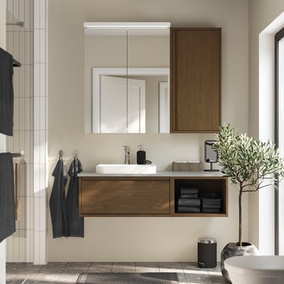 ÄNGSJÖN / BACKSJÖN Bathroom vanity with sink & faucet, brown oak effect/gray stone effect, 49x21 1/2x16 1/4 "