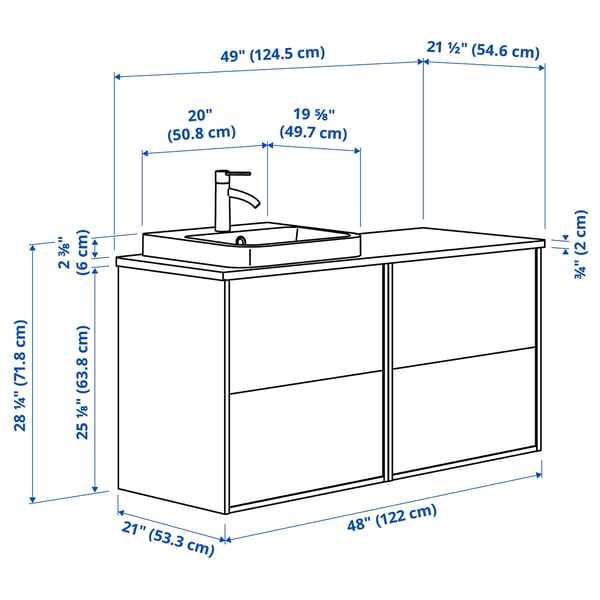 ÄNGSJÖN / BACKSJÖN Bathroom vanity with sink & faucet, brown oak effect/gray stone effect, 49x21 1/2x28 1/4 "