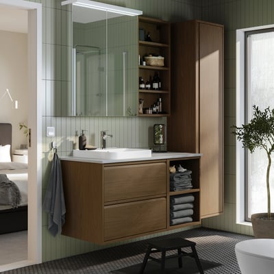 ÄNGSJÖN / BACKSJÖN Bathroom vanity with sink & faucet, brown oak effect/gray stone effect, 49x21 1/2x28 1/4 "