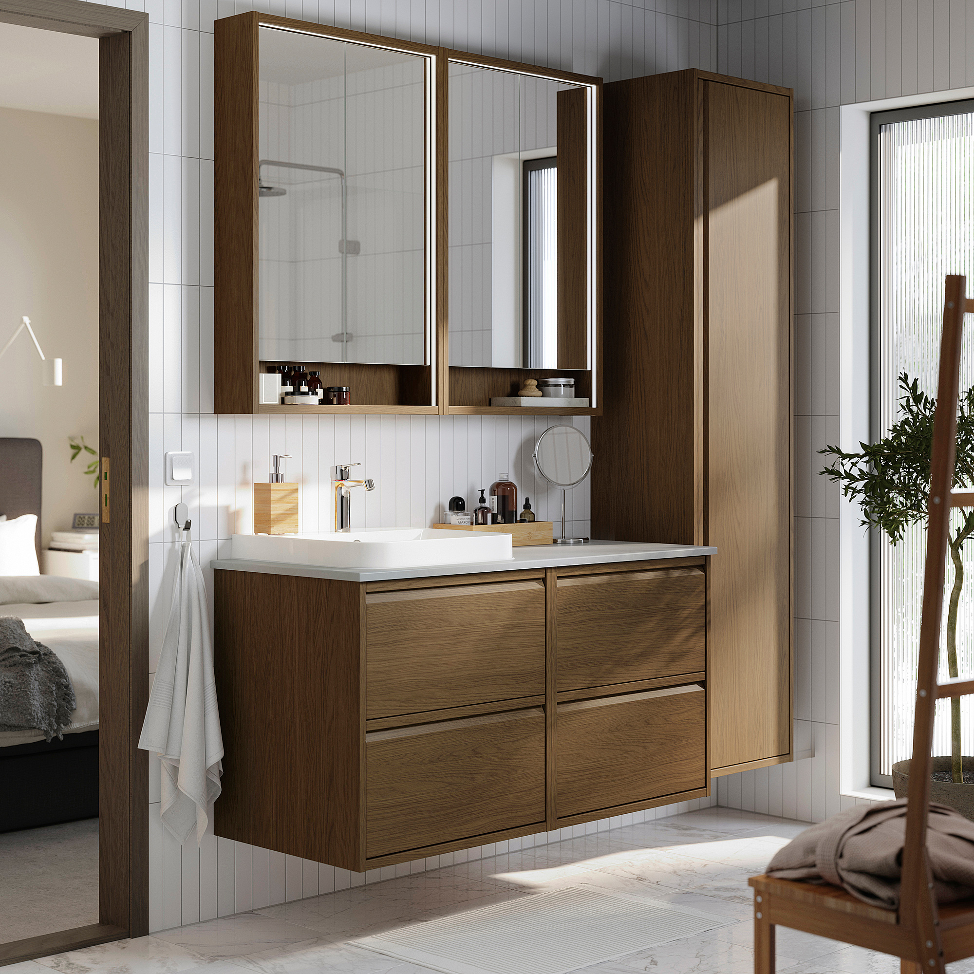 ÄNGSJÖN / BACKSJÖN Bathroom vanity with sink & faucet, brown oak effect/gray stone effect, 49x21 1/2x28 1/4 "