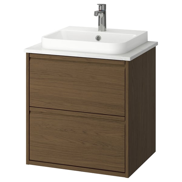 ÄNGSJÖN / BACKSJÖN Bathroom vanity with sink & faucet, brown oak effect/white marble effect, 25x21 1/2x28 1/4 "