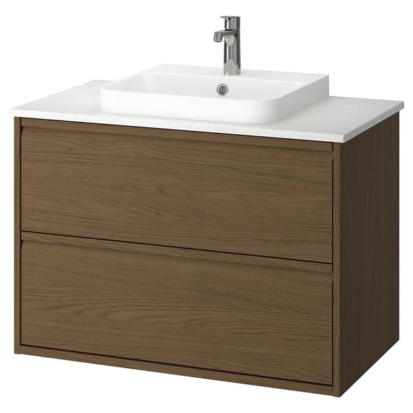 ÄNGSJÖN / BACKSJÖN Bathroom vanity with sink & faucet, brown oak effect/white marble effect, 37x21 1/2x28 1/4 "