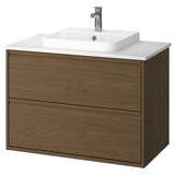 ÄNGSJÖN / BACKSJÖN Bathroom vanity with sink & faucet, brown oak effect/white marble effect, 37x21 1/2x28 1/4 "