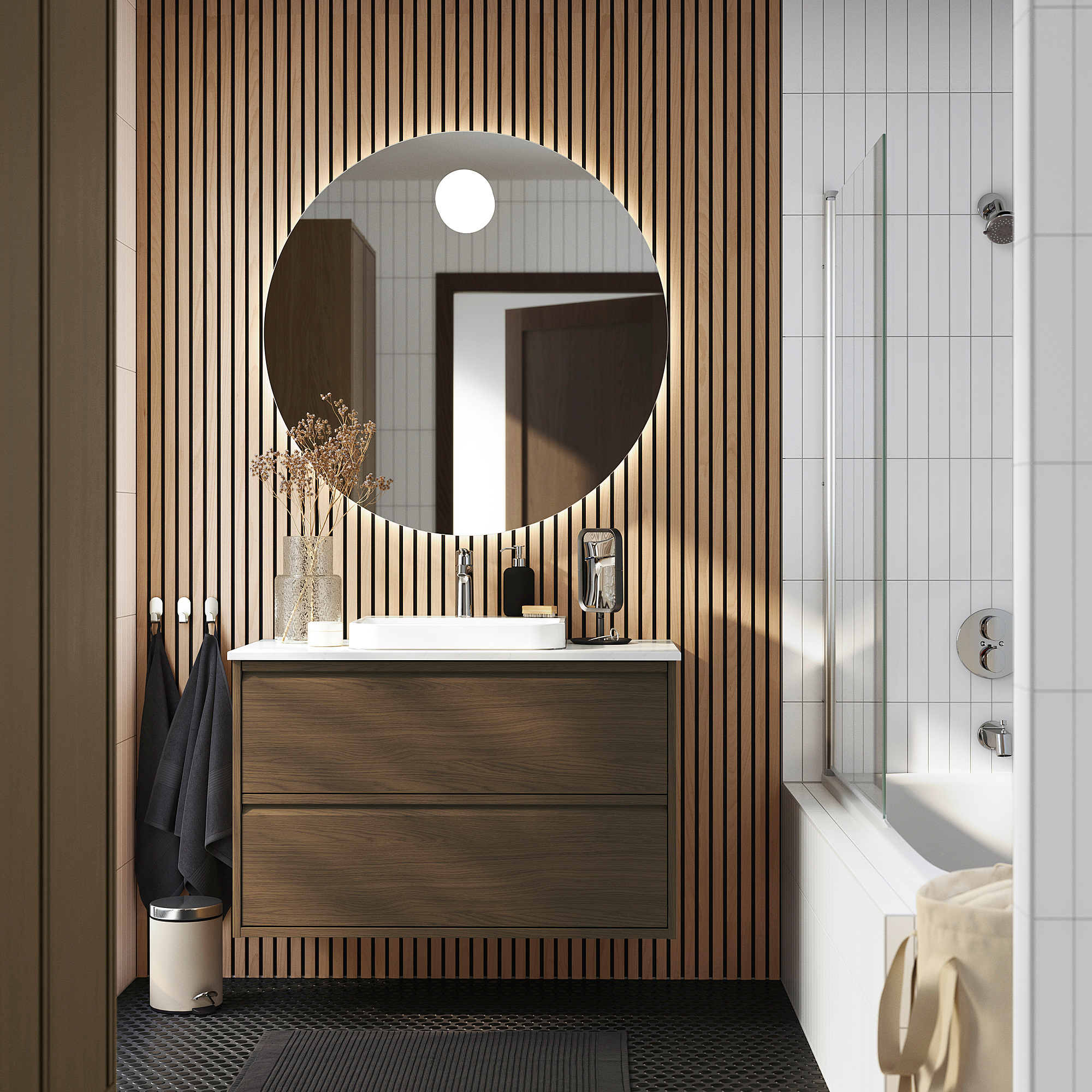ÄNGSJÖN / BACKSJÖN Bathroom vanity with sink & faucet, brown oak effect/white marble effect, 37x21 1/2x28 1/4 "