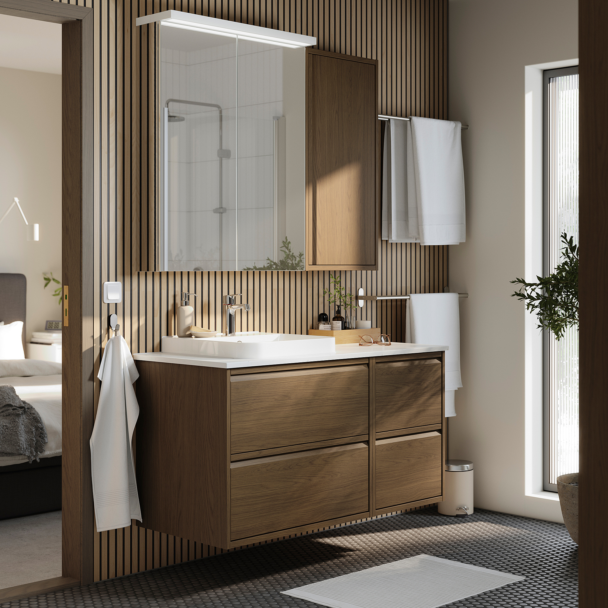 ÄNGSJÖN / BACKSJÖN Bathroom vanity with sink & faucet, brown oak effect/white marble effect, 49x21 1/2x28 1/4 "