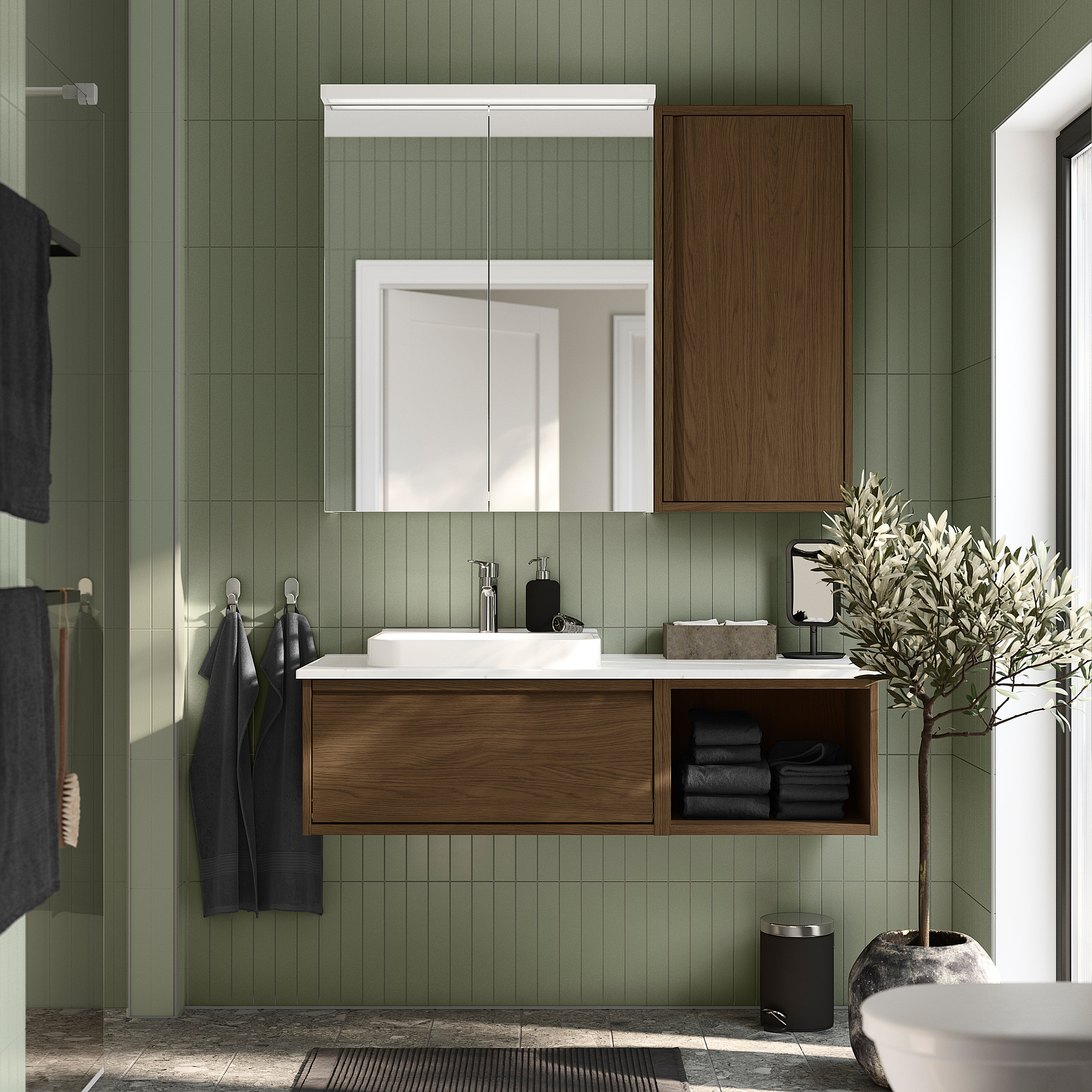 ÄNGSJÖN / BACKSJÖN Bathroom vanity with sink & faucet, brown oak effect/white marble effect, 49x21 1/2x16 1/4 "