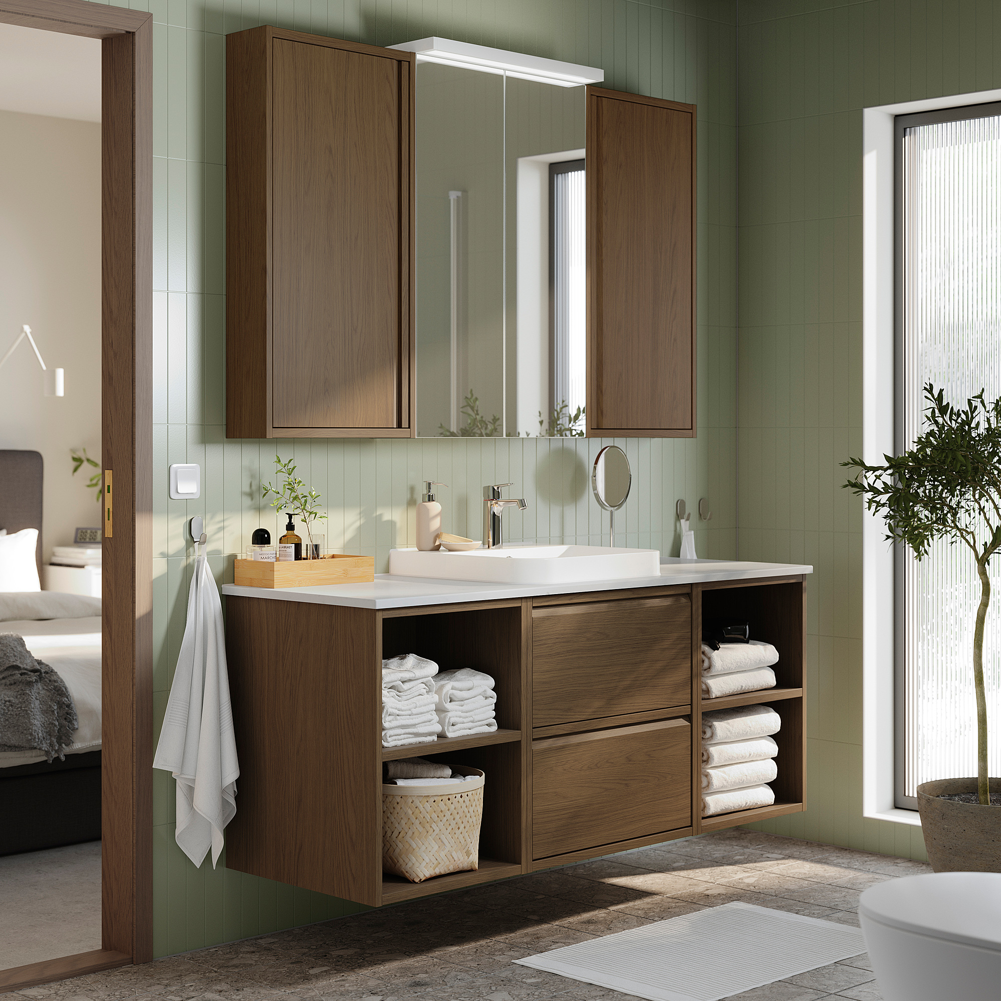 ÄNGSJÖN / BACKSJÖN Bathroom vanity with sink & faucet, brown oak effect/white marble effect, 61x21 1/2x28 1/4 "