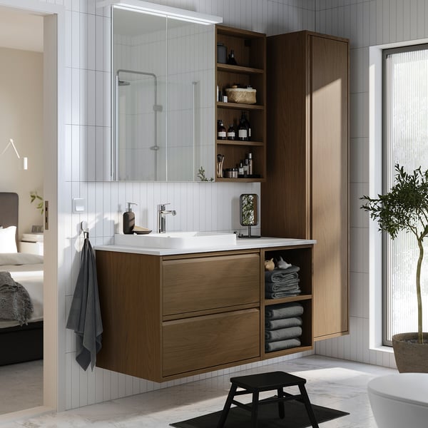 ÄNGSJÖN / BACKSJÖN Bathroom vanity with sink & faucet, brown oak effect/white marble effect, 49x21 1/2x28 1/4 "