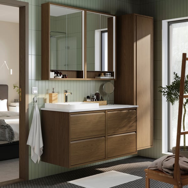 ÄNGSJÖN / BACKSJÖN Bathroom vanity with sink & faucet, brown oak effect/white marble effect, 49x21 1/2x28 1/4 "