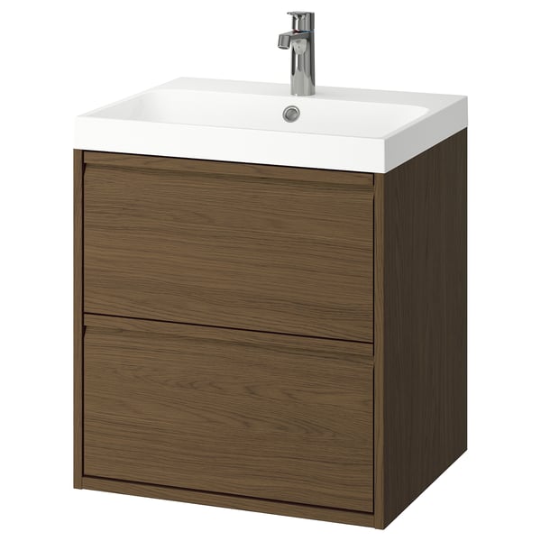 ÄNGSJÖN / BACKSJÖN Bathroom vanity with sink & faucet, brown oak effect, 24 1/8x21x27 1/2 "