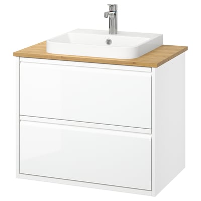 ÄNGSJÖN / BACKSJÖN Bathroom vanity with sink & faucet, high gloss white/bamboo, 31x21 1/2x28 1/4 "