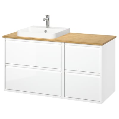 ÄNGSJÖN / BACKSJÖN Bathroom vanity with sink & faucet, high gloss white/bamboo, 49x21 1/2x28 1/4 "